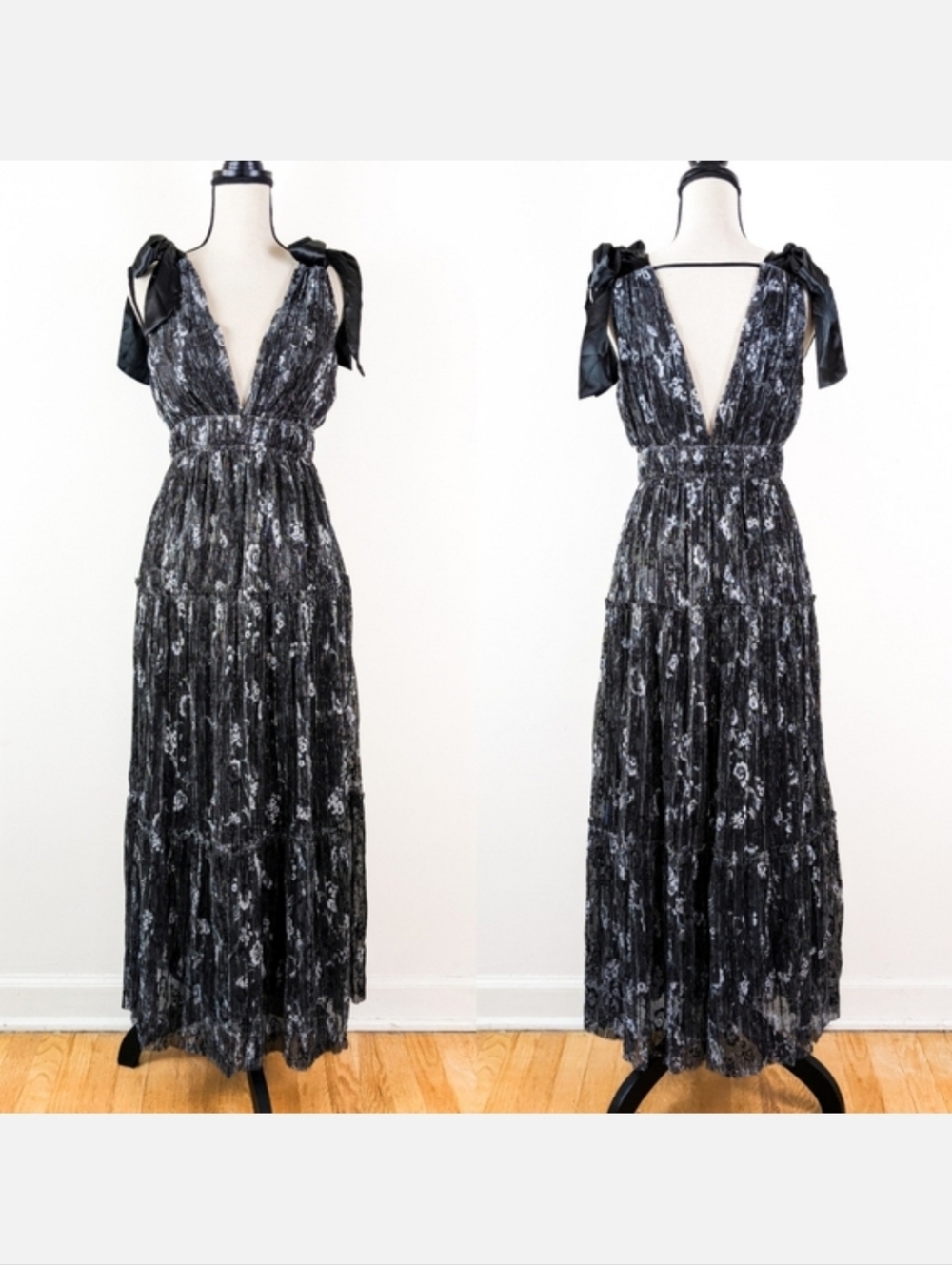 NWT Storia Black and Silver Maxi Dress, Size Medium